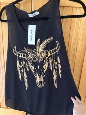 LA Soul Black Tank Top with Gold Skull & Feather Graphic